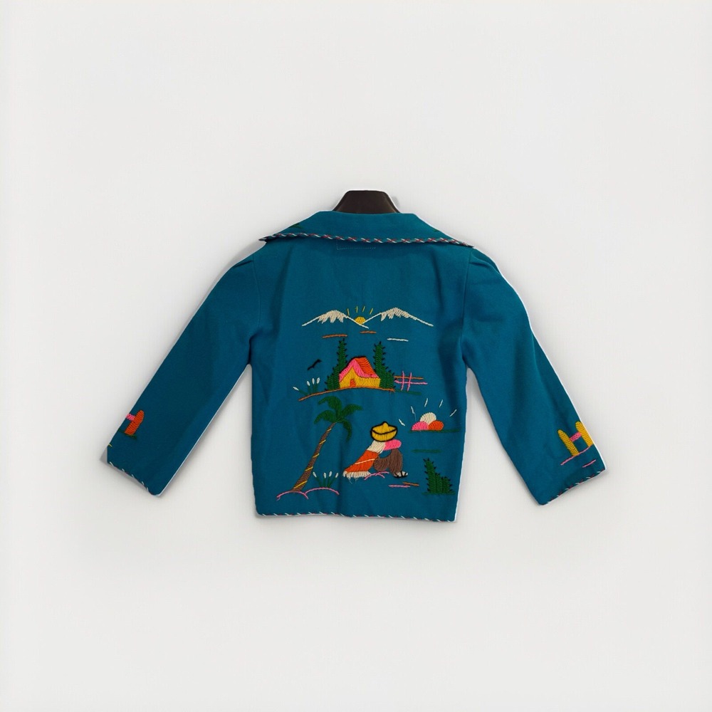 Vintage Azteca Mexican Wool‎ Souvenir Jacket Turquoise Hand Embroidered Folk Art - Picture 2 of 16